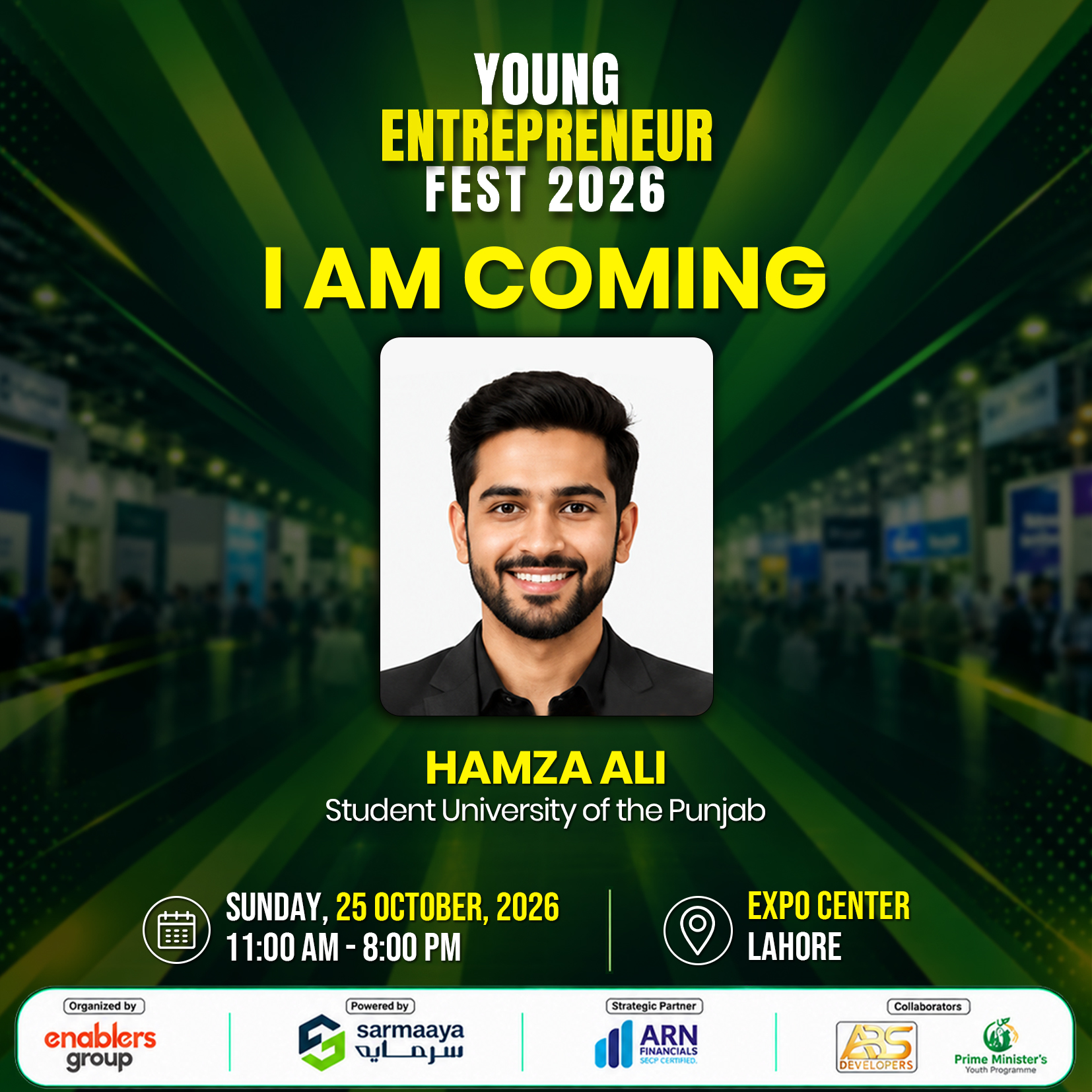 Sample green I Am Coming badge for Hamza Ali, student at University of the Punjab